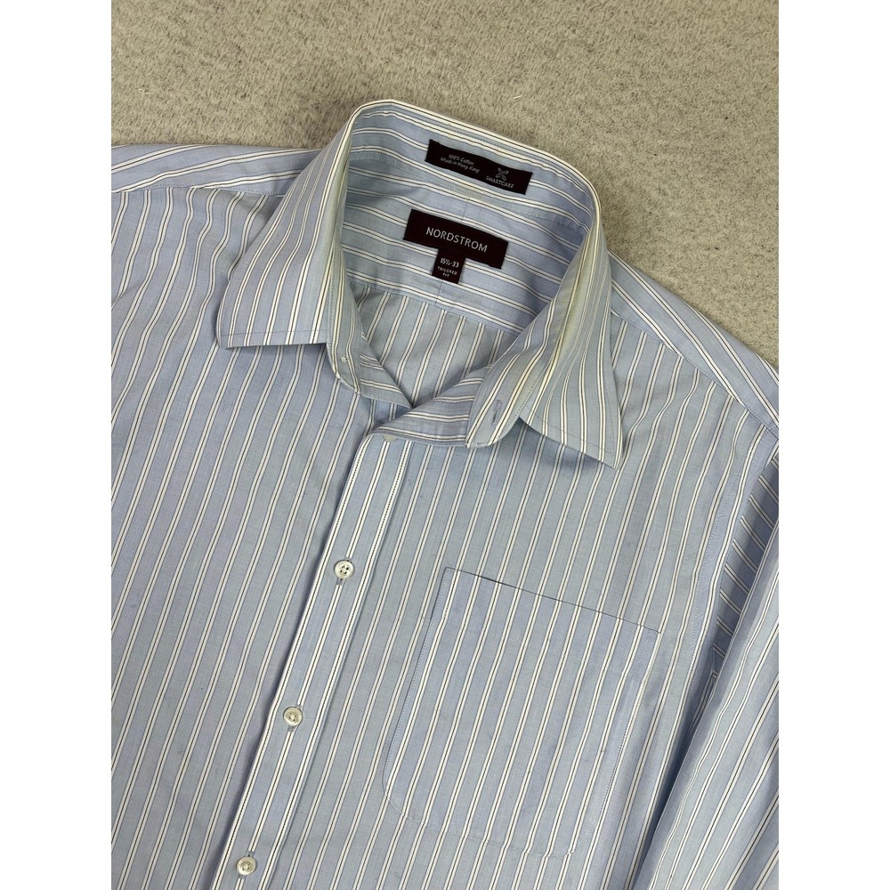 Nordstrom Mens 15.5 32/33 Blue Stripe Tailored Fit Smartcare Dress Shirt